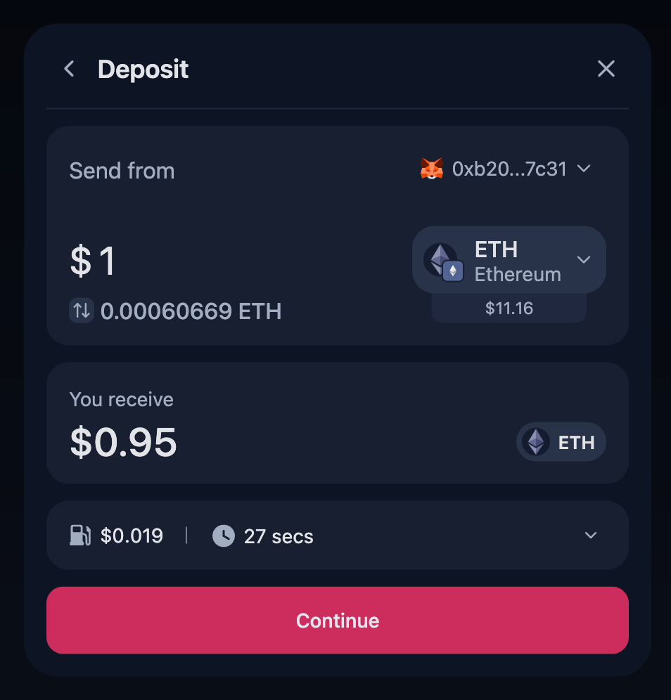 Deposit Widget — wallet transfer flow showing source token, amount, and quote summary