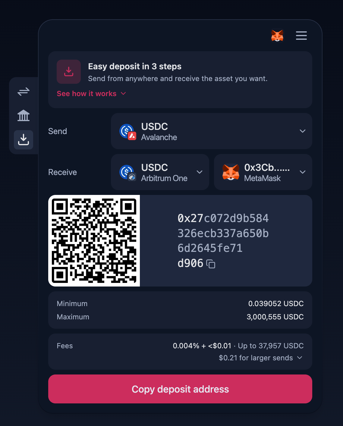 Layerswap Widget — Easy Deposit tab