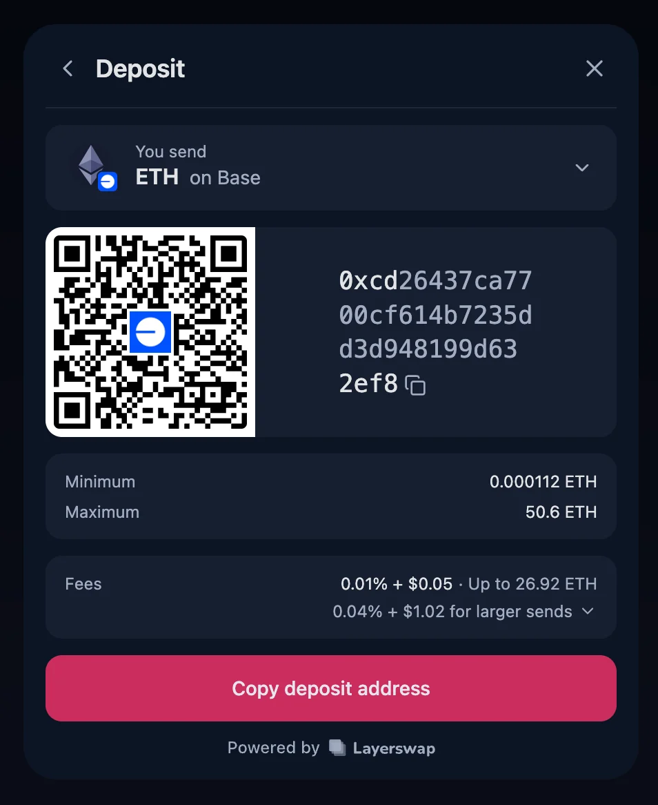 Deposit Widget — deposit address screen with QR code and copyable address