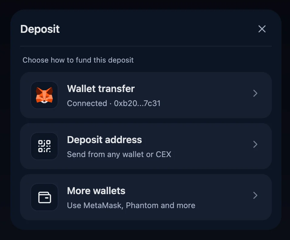 Deposit Widget — method picker showing Wallet transfer and Deposit address options