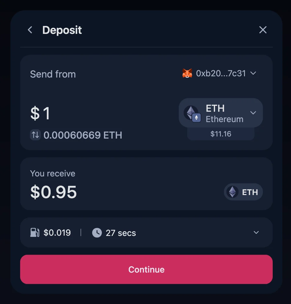 Deposit Widget — wallet transfer flow showing source token, amount, and quote summary