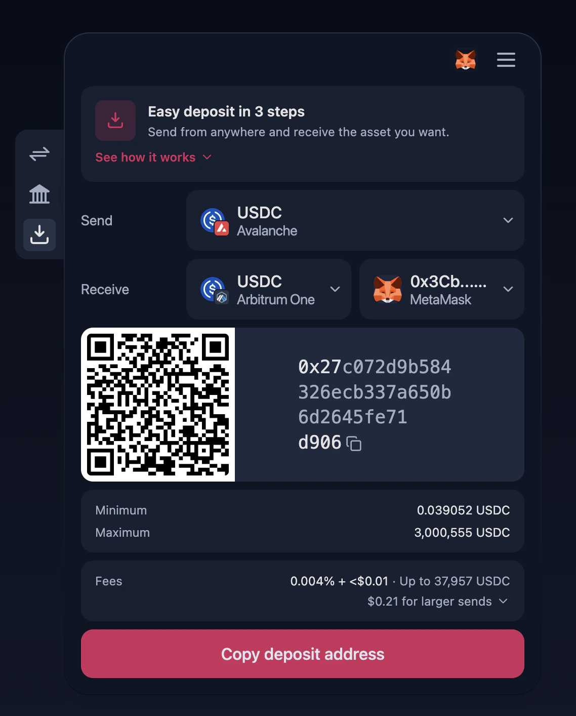 Layerswap Widget — Easy Deposit tab