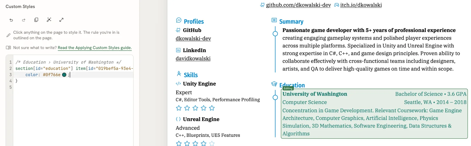 The stylesheet editor with a rule for the Education entry University of Washington, and the same entry on the page shown in teal inside a dashed outline