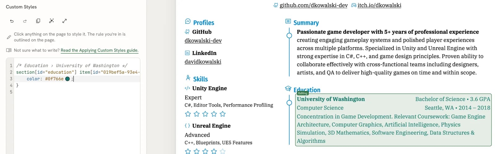 The stylesheet editor with a rule for the Education entry University of Washington, and the same entry on the page shown in teal inside a dashed outline