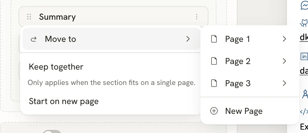 The menu for the Summary section with Move to open, listing Page 1, Page 2, Page 3 and New Page, and below it Keep together with the note Only applies when the section fits on a single page, and Start on new page