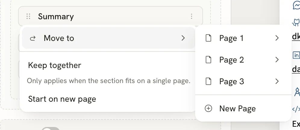 The menu for the Summary section with Move to open, listing Page 1, Page 2, Page 3 and New Page, and below it Keep together with the note Only applies when the section fits on a single page, and Start on new page