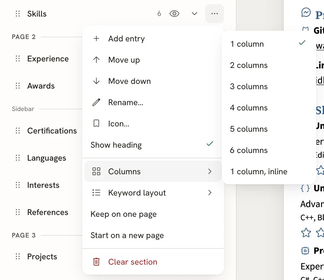 The Skills section's menu in Write with Columns open, listing 1 column (checked) through 6 columns and 1 column, inline, and further items Keyword layout, Keep on one page, Start on a new page and Clear section