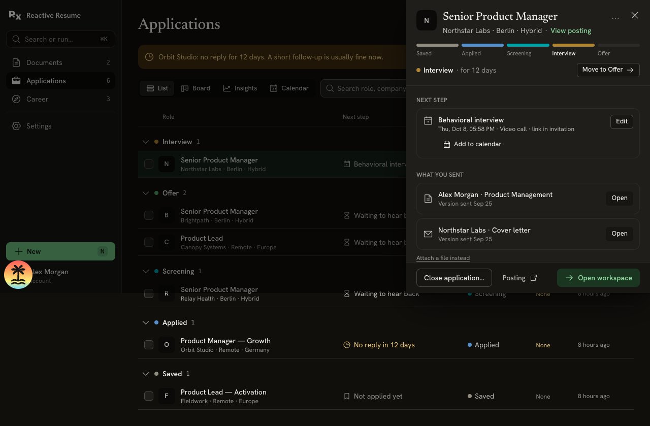 Details sheet for Senior Product Manager at Northstar Labs, showing the Interview stage, next interview, sent documents and Open workspace button