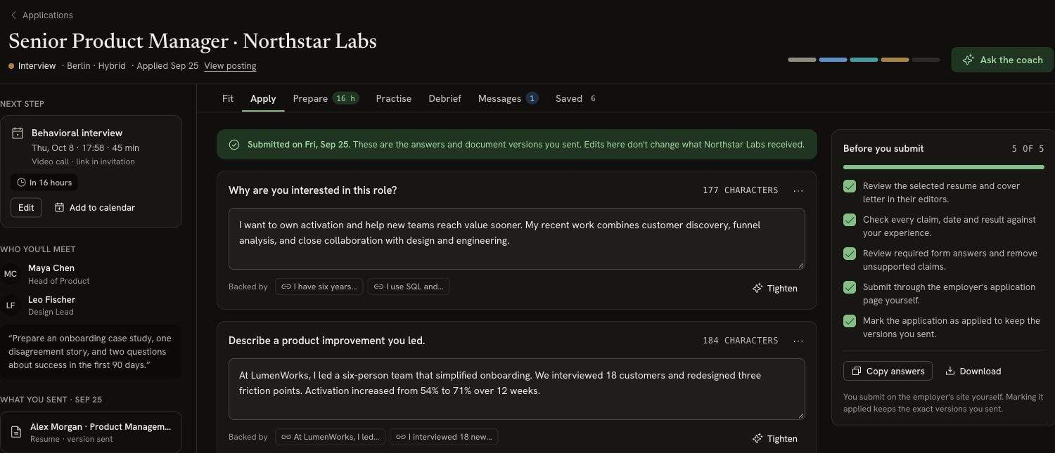 Apply tab showing two answers with character counts, backing facts, Tighten controls and a submission checklist