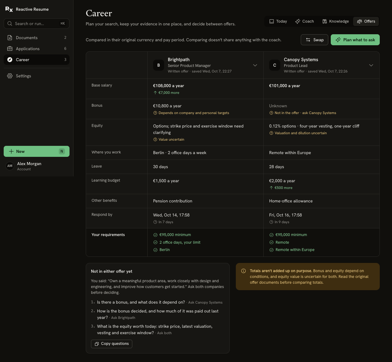 Brightpath and Canopy Systems offers compared across salary, bonus, equity, location, leave, learning budget, benefits and deadlines, with unknown bonus and uncertain equity highlighted