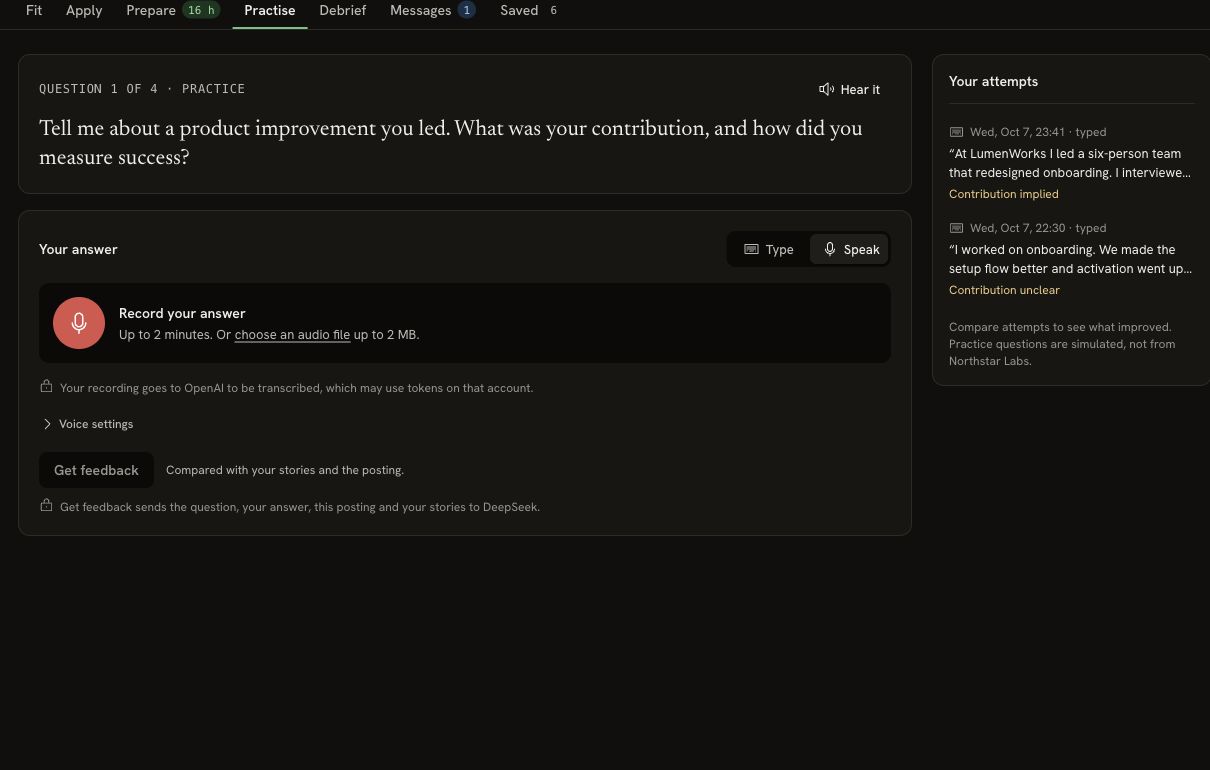 Practise tab in Speak mode with Record your answer, an audio-file option, a two-minute limit, OpenAI transcription notice and Voice settings