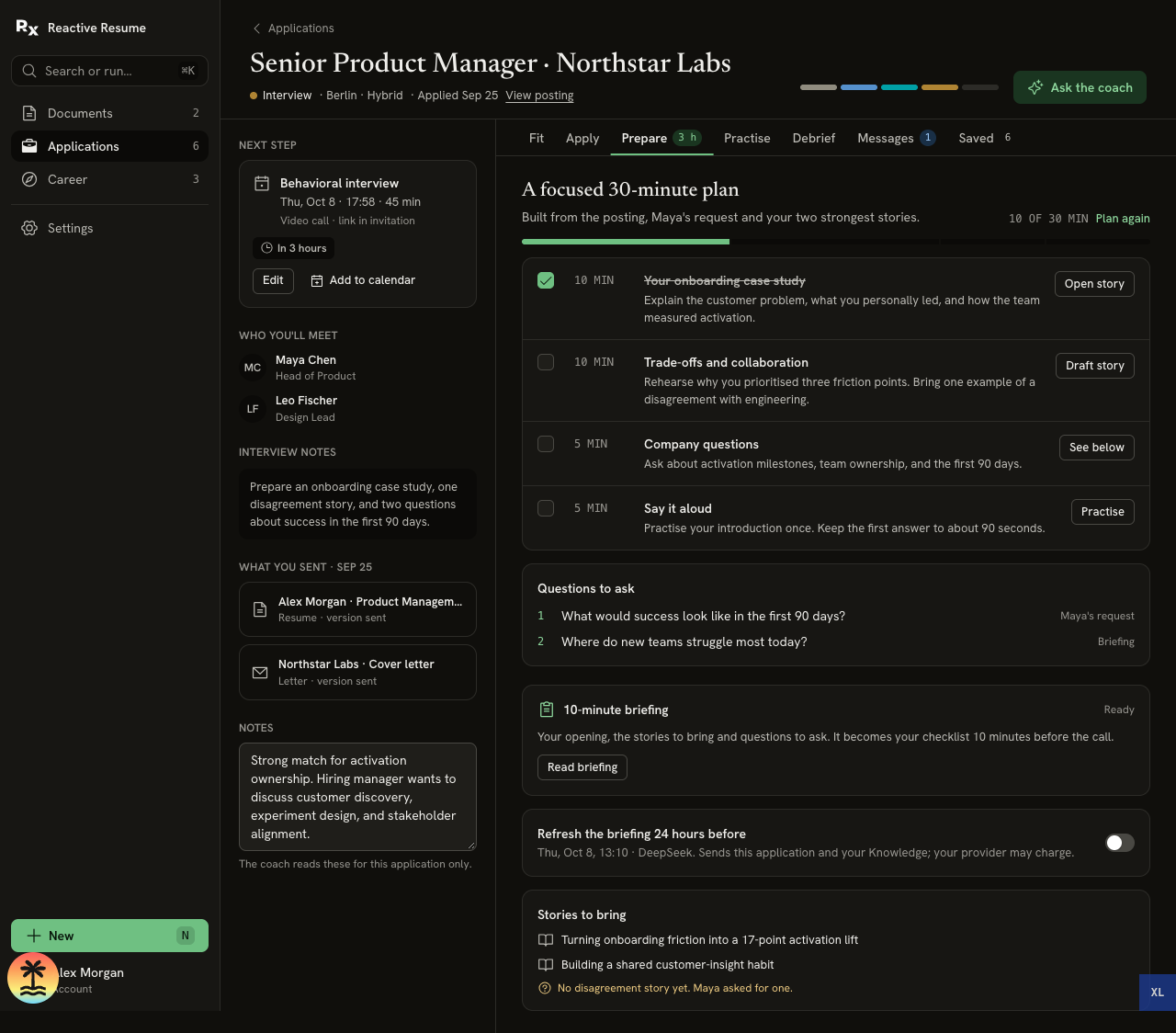 Prepare tab with a 30-minute plan, linked stories, a missing disagreement story, questions to ask, Read briefing and a briefing refresh switch