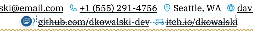 A blue PDF pin in the page margin next to a dashed outline around the resume's profile links
