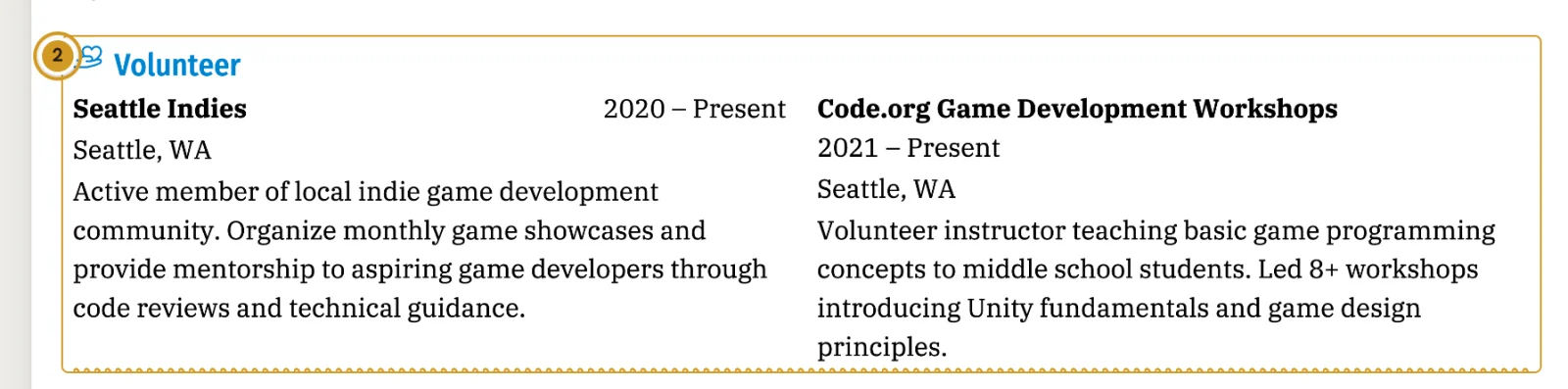 The Volunteer section of a resume outlined in amber, with a numbered pin 2 in the left margin