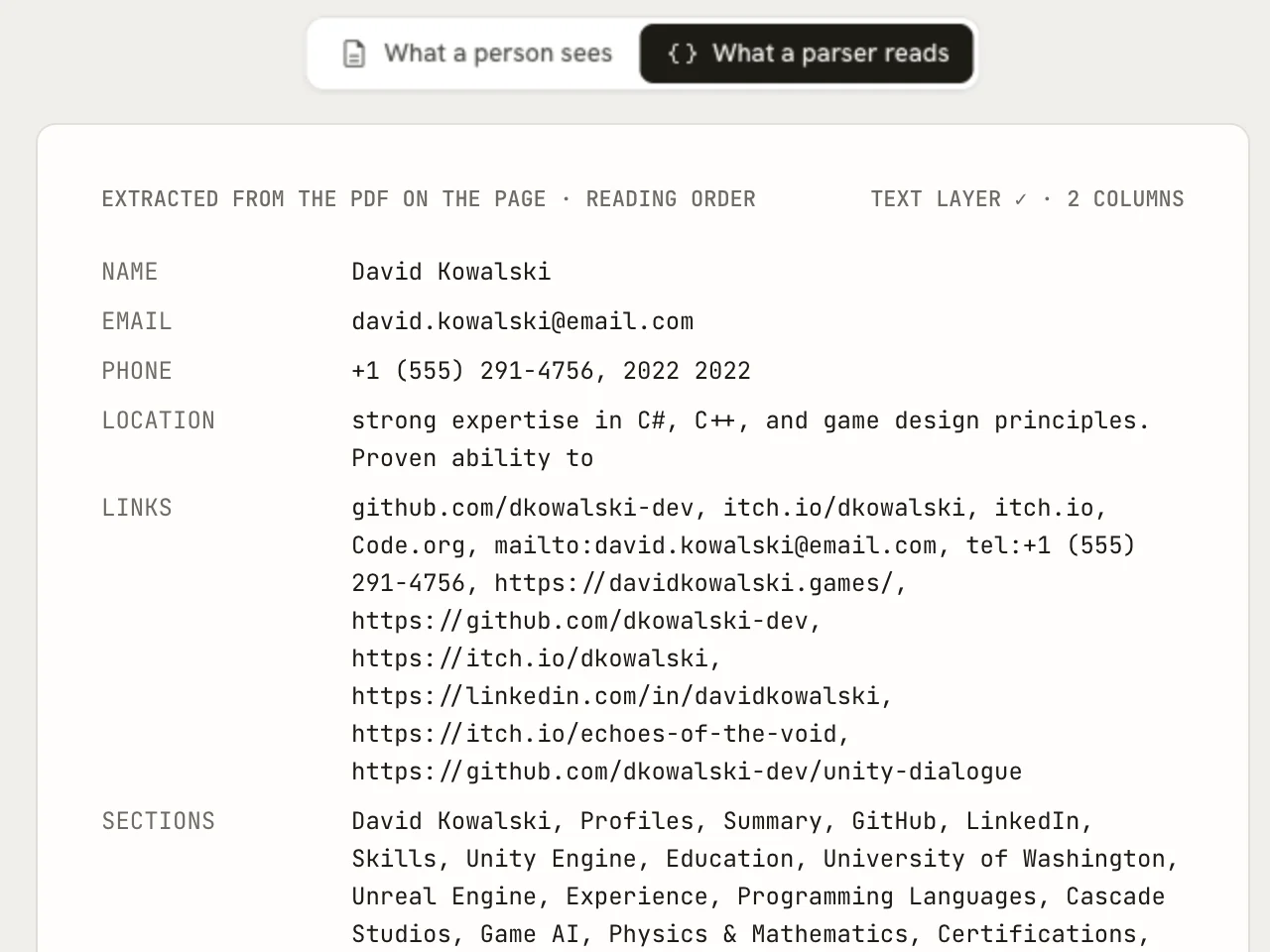 The parser view, listing the name, email, phone, location, links and sections software found in the resume's PDF, marked as text layer with 2 columns