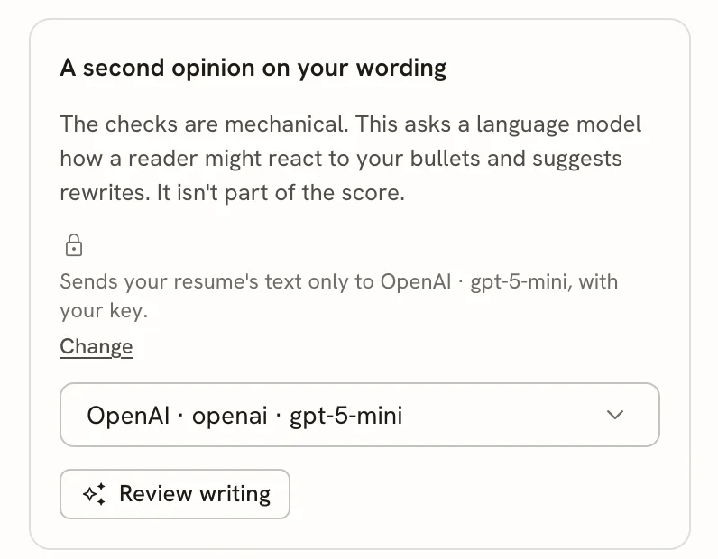 Writing tab titled A second opinion on your wording, stating the resume text is sent only to OpenAI gpt-5-mini, with a Change link, a provider picker and a Review writing button