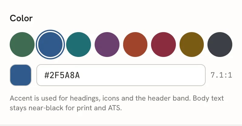 The Color group with eight round swatches, Ink blue selected, a hex field reading #2F5A8A with a contrast ratio of 7.1:1, and a note that the accent is used for headings, icons and the header band