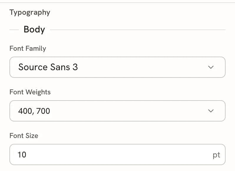 The Typography editor's Body fields: Font Family set to Source Sans 3, Font Weights set to 400, 700, and Font Size set to 10 pt