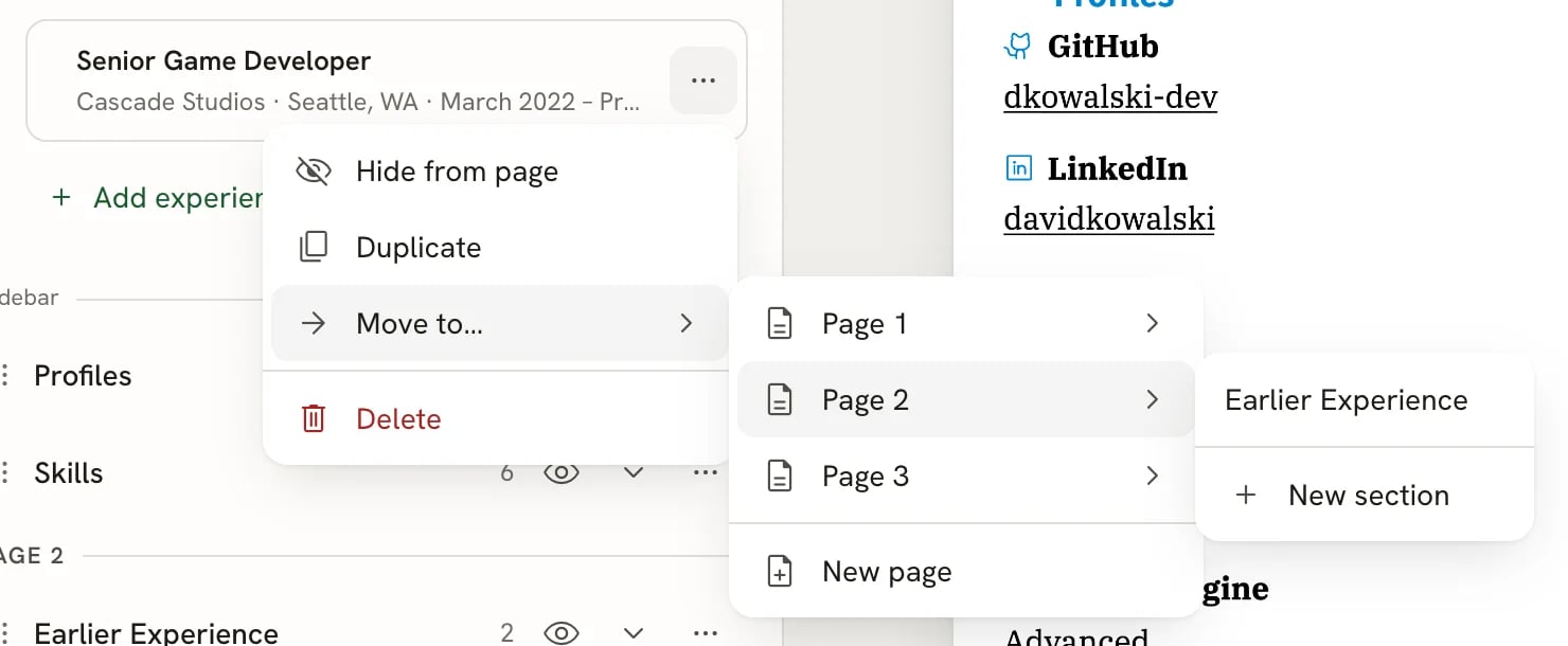 An Experience entry's menu showing Hide from page, Duplicate, Move to… and Delete. The Move to… submenu lists Page 1, Page 2, Page 3 and New page, and Page 2 is open, offering the Earlier Experience section and New section.