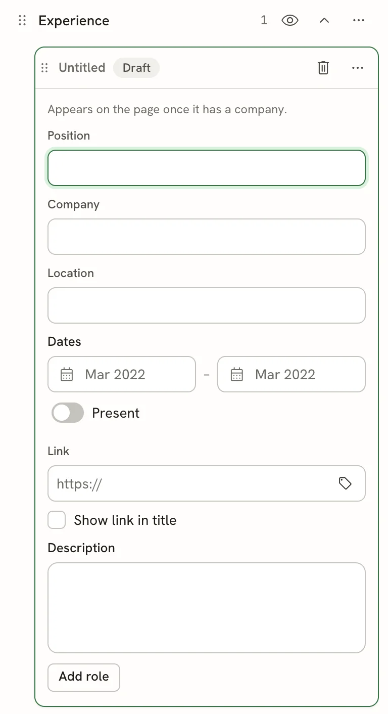 An open Experience entry titled Untitled with a Draft badge and the note Appears on the page once it has a company, followed by empty Position, Company, Location, Dates, Link and Description fields and an Add role button.