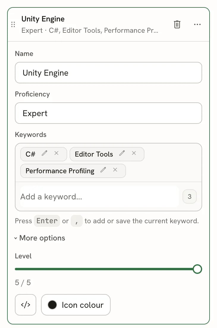 An open Skills entry named Unity Engine with Proficiency Expert, three keywords, and More options expanded to show a Level slider at 5 / 5, an icon button and an Icon colour button.