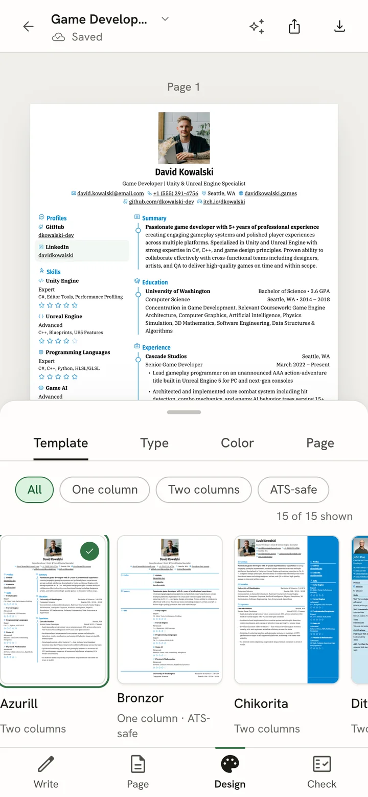 The Design view on a phone with the resume page above and a sheet below showing Template, Type, Color and Page tabs and a strip of template thumbnails