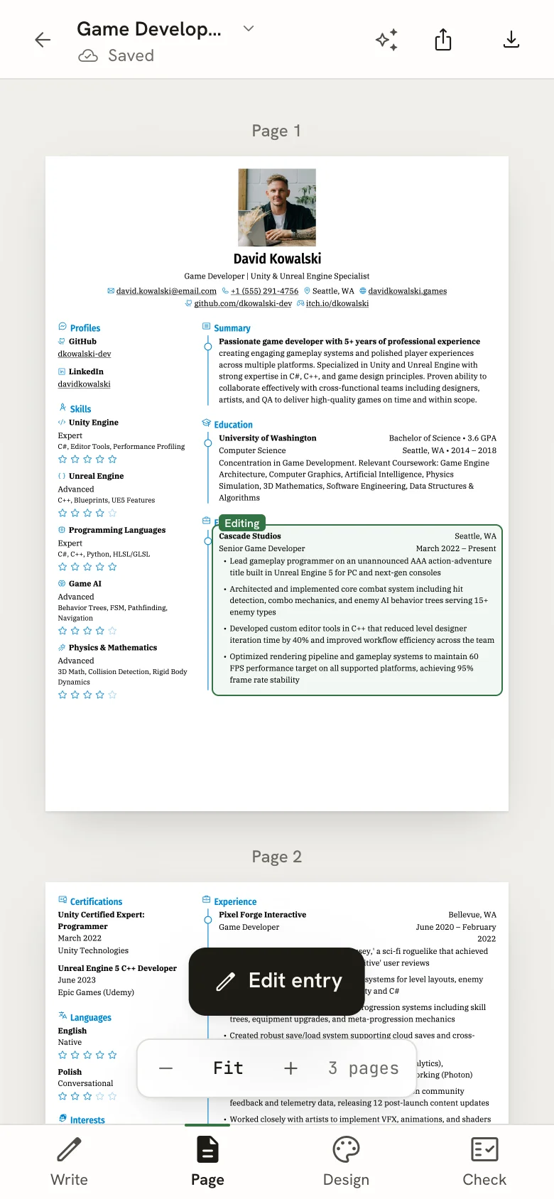 The Page view on a phone with an experience entry outlined and tagged Editing, and an Edit entry button floating above the zoom bar