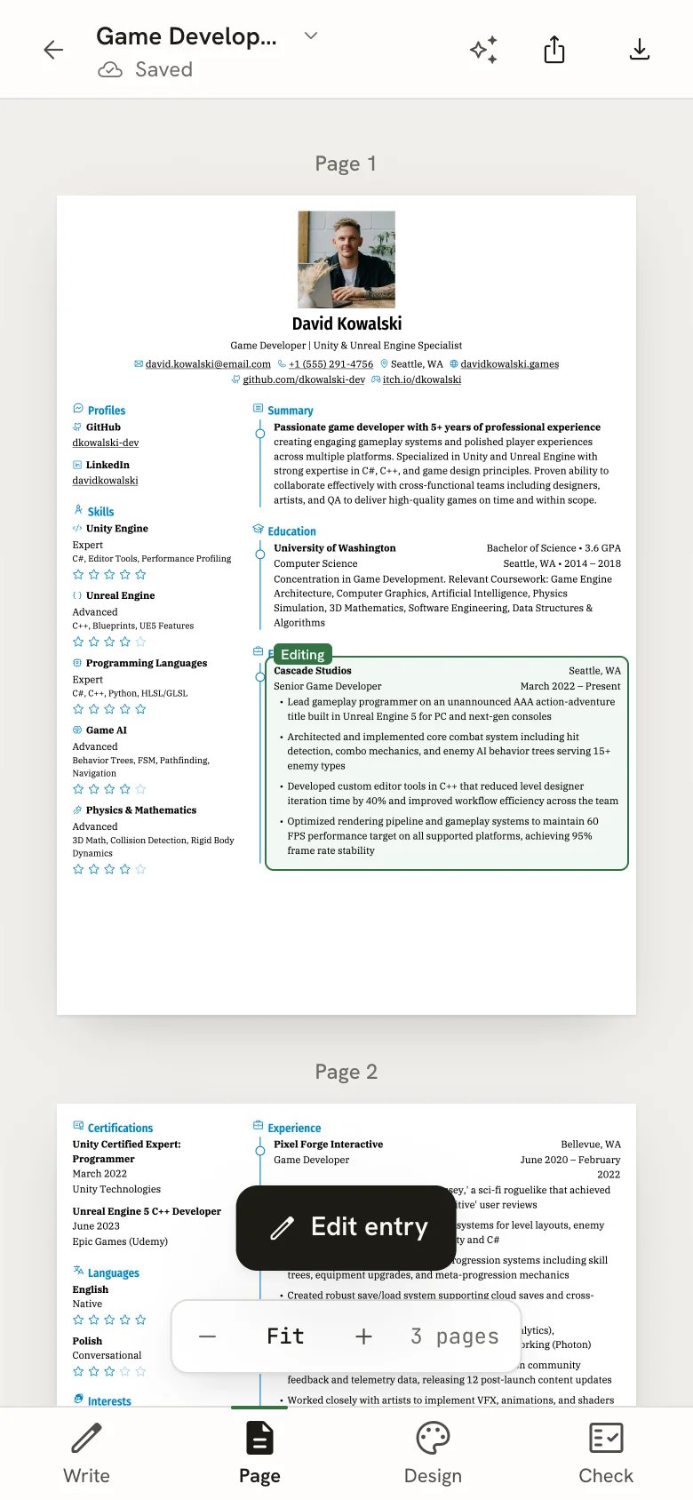 The Page view on a phone with an experience entry outlined and tagged Editing, and an Edit entry button floating above the zoom bar