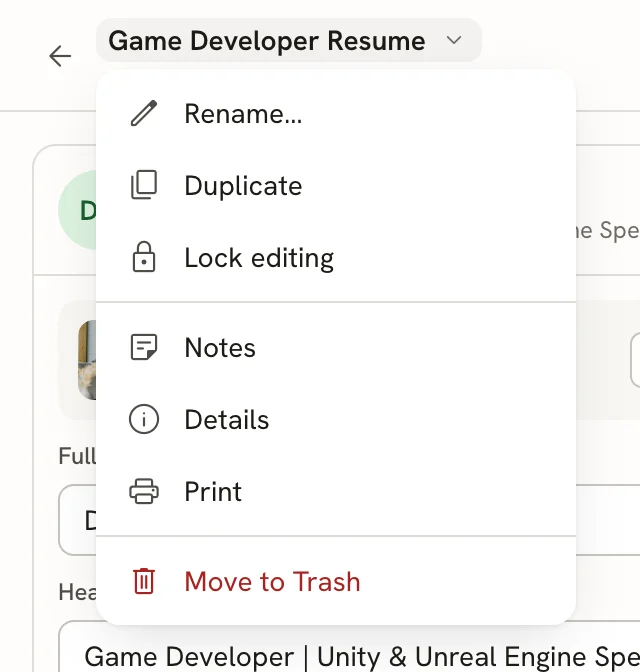 The document menu open under the resume name, listing Rename, Duplicate, Lock editing, Notes, Details, Print and Move to Trash