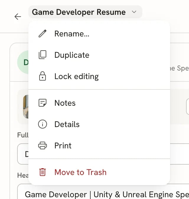The document menu open under the resume name, listing Rename, Duplicate, Lock editing, Notes, Details, Print and Move to Trash