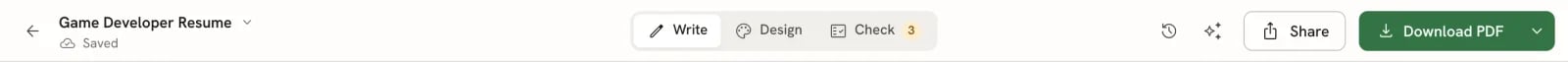 The editor bar with the back arrow, the document name and Saved status, the Write, Design and Check switcher, and the History, Assistant, Share and Download PDF buttons