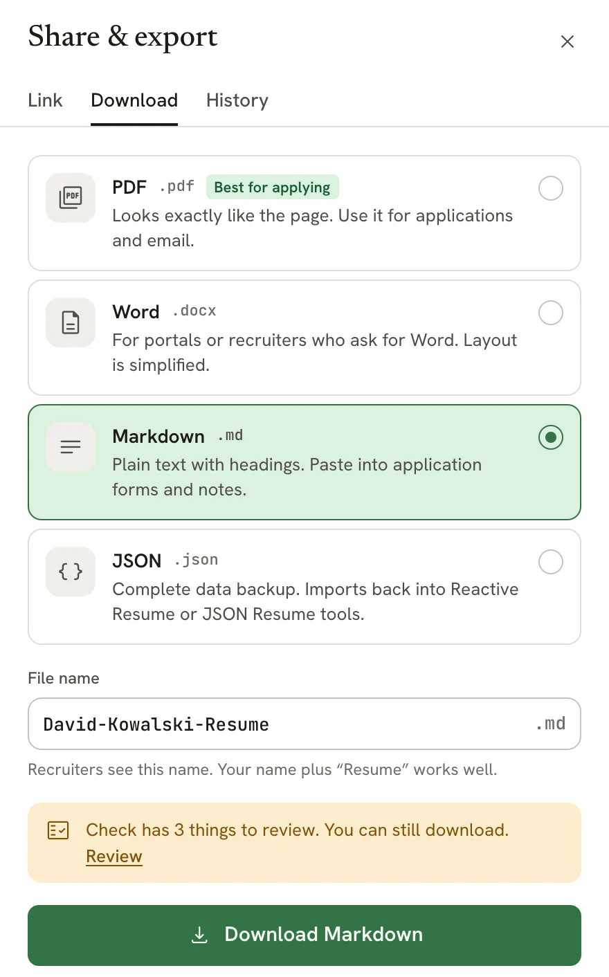 Download tab of the Share and export sheet with Markdown selected, the file name David-Kowalski-Resume.md and a Download Markdown button