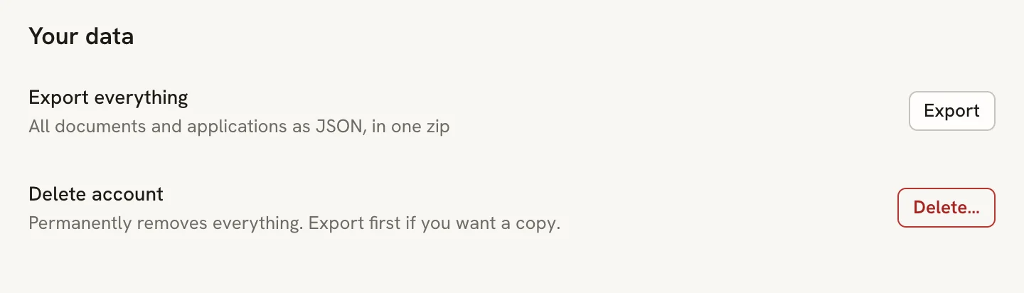 The Your data section with an Export everything row and Export button, and a Delete account row with a Delete button
