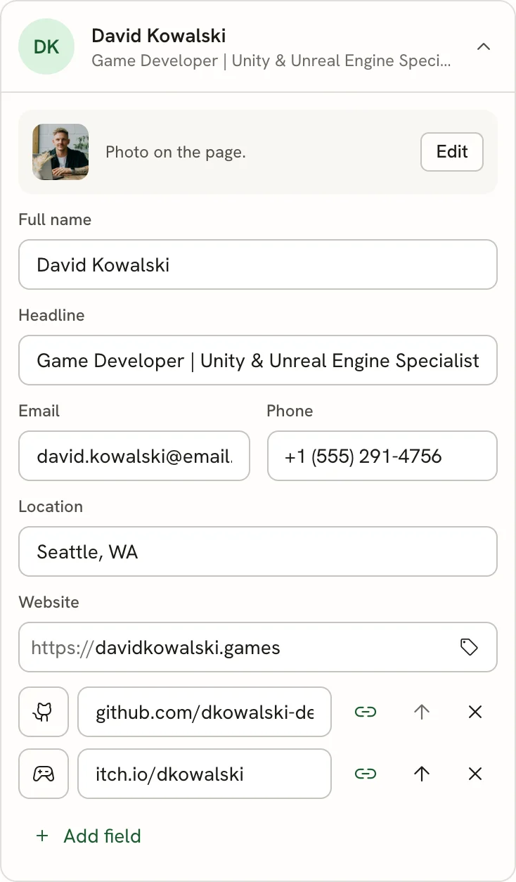 The Basics card showing the photo row, Full name, Headline, Email, Phone, Location and Website fields, two extra fields with icons, and the Add field button