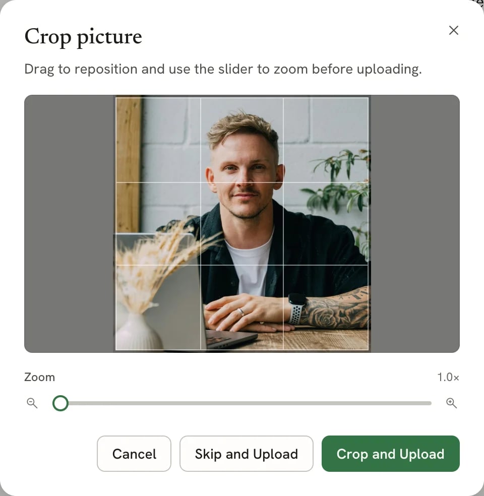 The Crop picture dialog with the photo inside a square crop frame, a Zoom slider, and Cancel, Skip and Upload, and Crop and Upload buttons