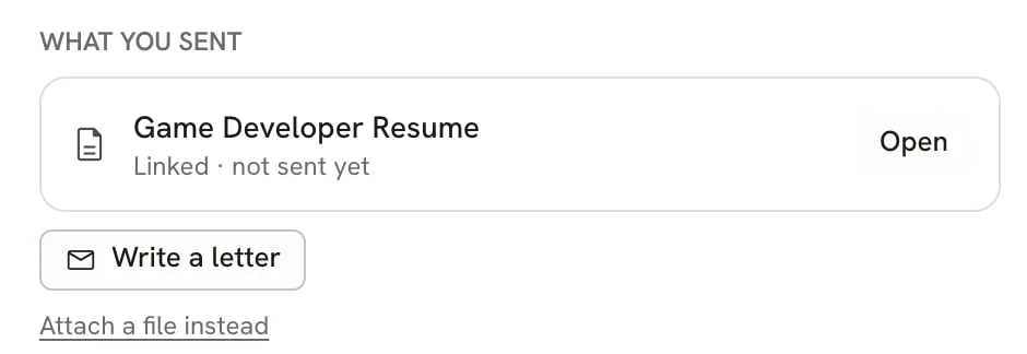 The What you sent section of an application, listing the linked Game Developer Resume with a Write a letter button below it