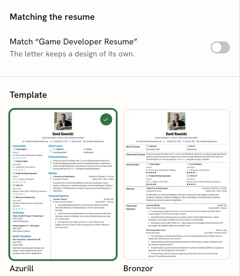 Design panel with Match turned off, labelled The letter keeps a design of its own, and a Template grid with Azurill selected