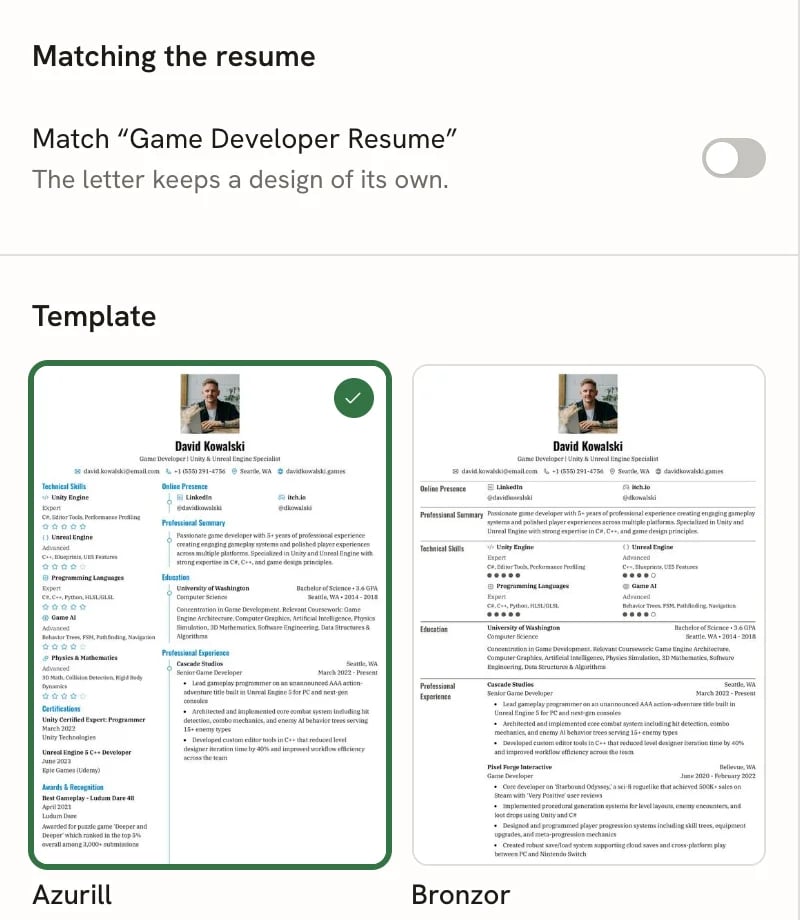Design panel with Match turned off, labelled The letter keeps a design of its own, and a Template grid with Azurill selected