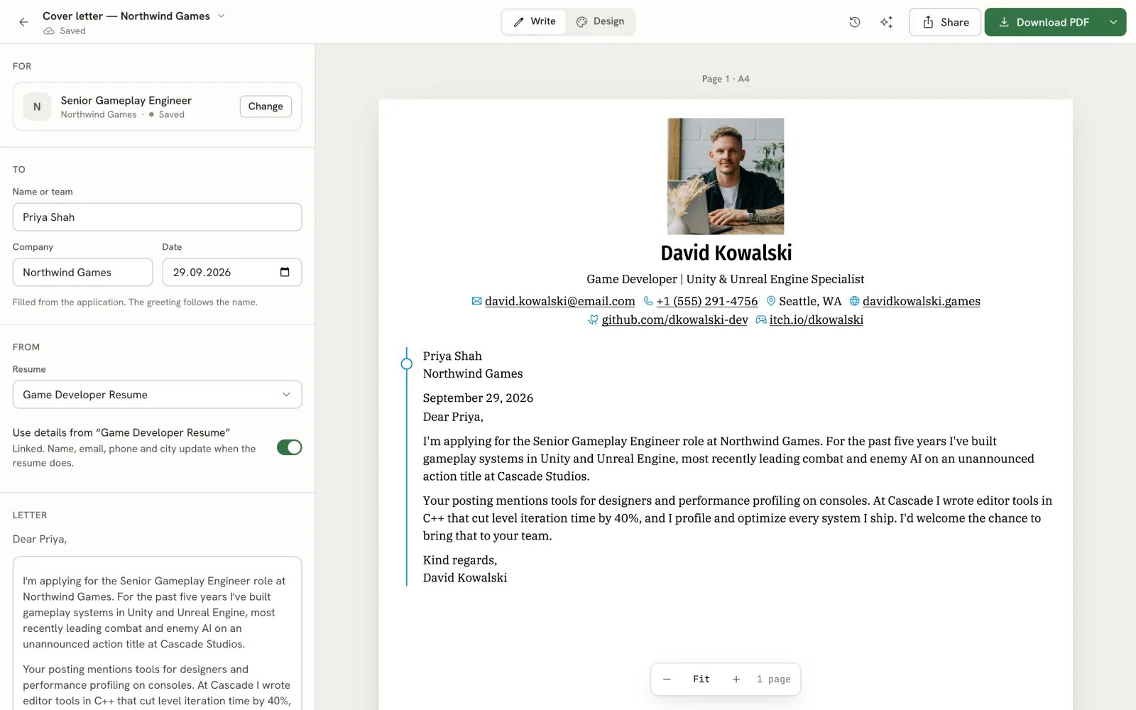 The letter editor with For, To and From sections in the left panel and a printed letter from David Kowalski to Priya Shah at Northwind Games on the right