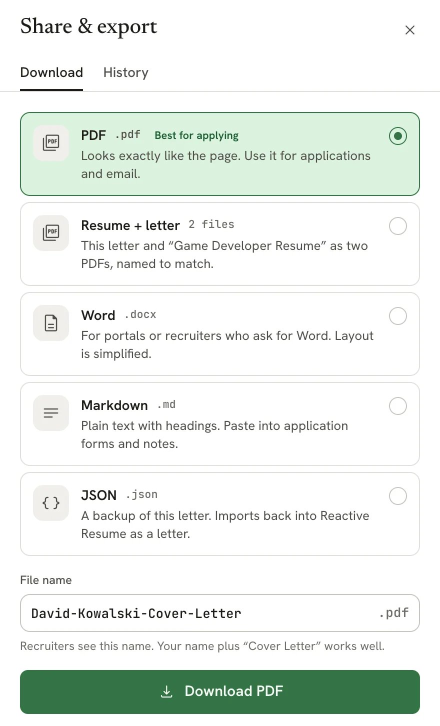 The Share and export sheet for a letter with Download selected, listing PDF, Resume plus letter (2 files), Word, Markdown and JSON, a File name field and a Download PDF button