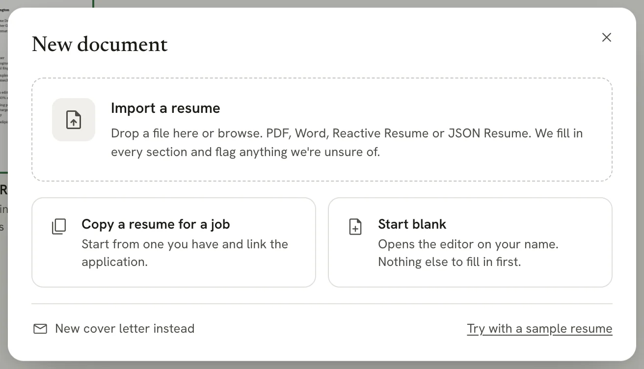 The New document dialog, with Import a resume, Copy a resume for a job and Start blank, and New cover letter instead at the bottom left