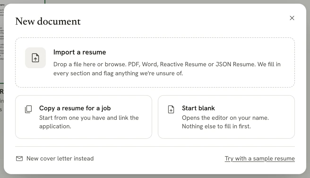 The New document dialog, with Import a resume, Copy a resume for a job and Start blank, and New cover letter instead at the bottom left
