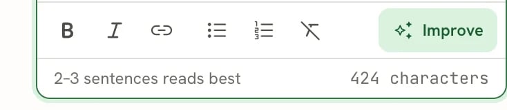 The formatting toolbar with Bold, Italic, Link, Bulleted list, Numbered list and Clear formatting buttons, an Improve button, and a character count underneath