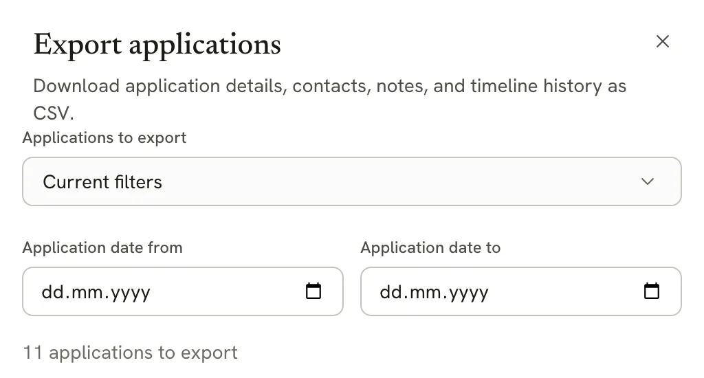 Export applications sheet with Applications to export set to Current filters, empty Application date from and Application date to fields, and 11 applications to export