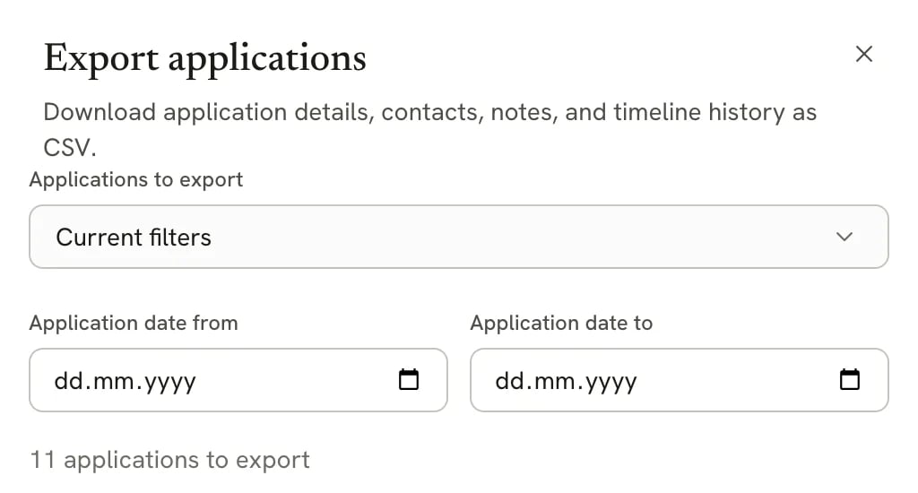 Export applications sheet with Applications to export set to Current filters, empty Application date from and Application date to fields, and 11 applications to export