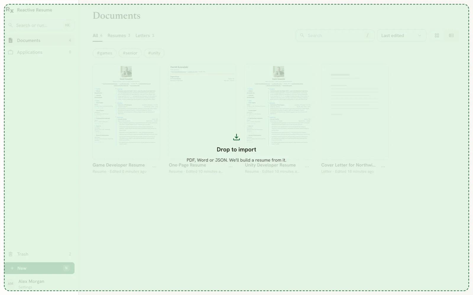 The Documents page covered by a green drop area reading Drop to import, PDF, Word or JSON. We'll build a resume from it