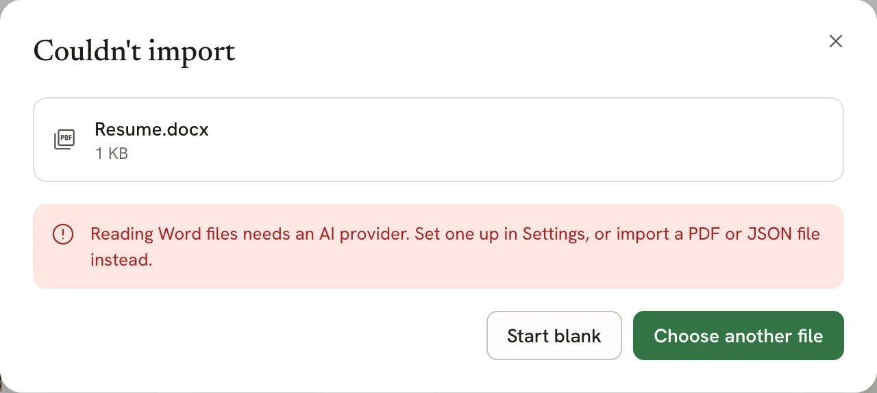 The Couldn't import dialog for Resume.docx saying Reading Word files needs an AI provider, with Start blank and Choose another file buttons