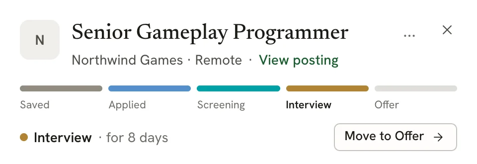 Header of the details sheet with the stage stepper filled up to Interview, the text Interview for 8 days, and a Move to Offer button