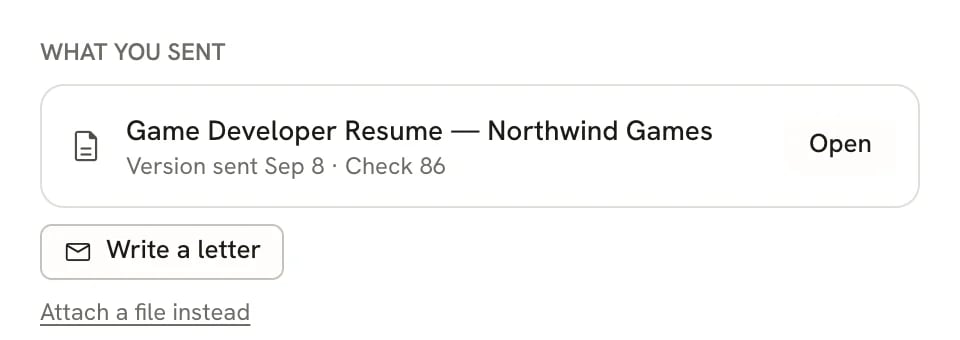 What you sent section with Game Developer Resume — Northwind Games, Version sent Sep 8 · Check 86, an Open button, a Write a letter button and the Attach a file instead link