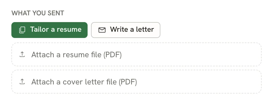 What you sent section with Tailor a resume and Write a letter buttons above two dashed fields: Attach a resume file (PDF) and Attach a cover letter file (PDF)